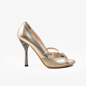 Prada Gold & Silver Mary Jane Embellished Heel Open-Toe Pumps